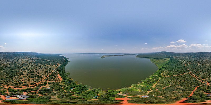360 aerial panorama of lake and camp in Akagera, Rwanda