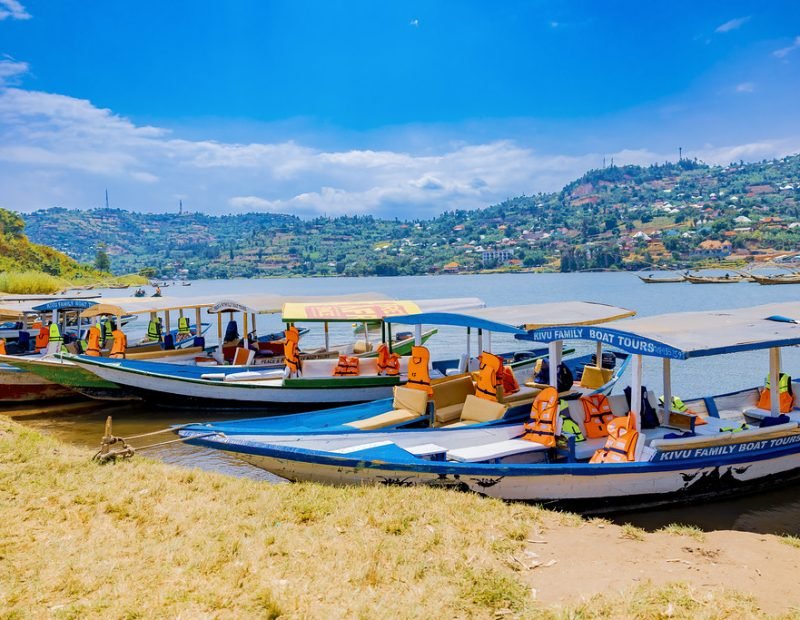 Tour boats moored on the lakeshore in Lake Kivu, Rwanda