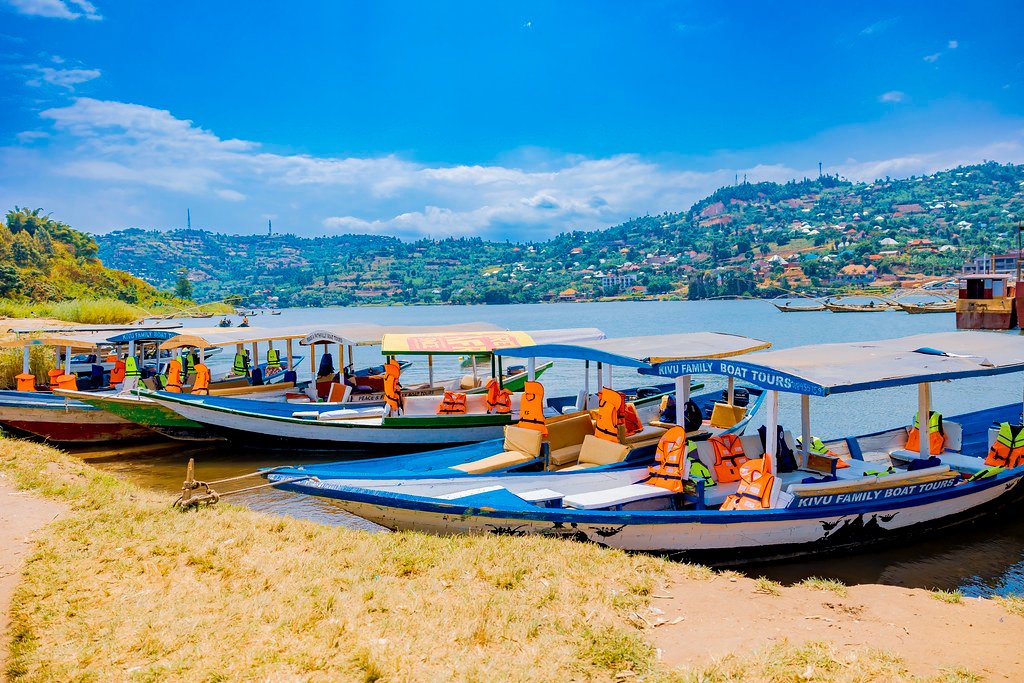 Tour boats moored on the lakeshore in Lake Kivu, Rwanda