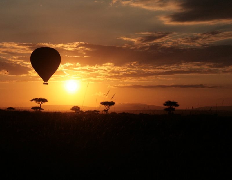 Mara hot air balloon at sunrise over acacia plains