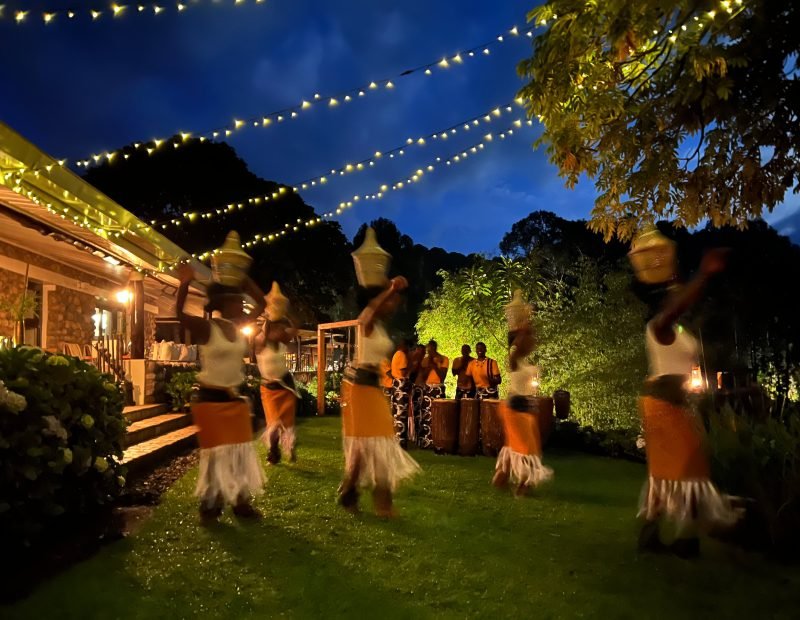 Evening traditional dance performance at lodge in Volcanoes, Rwanda